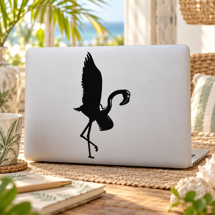 Black flapping flamingo decal silhouette, curved beak and long legs