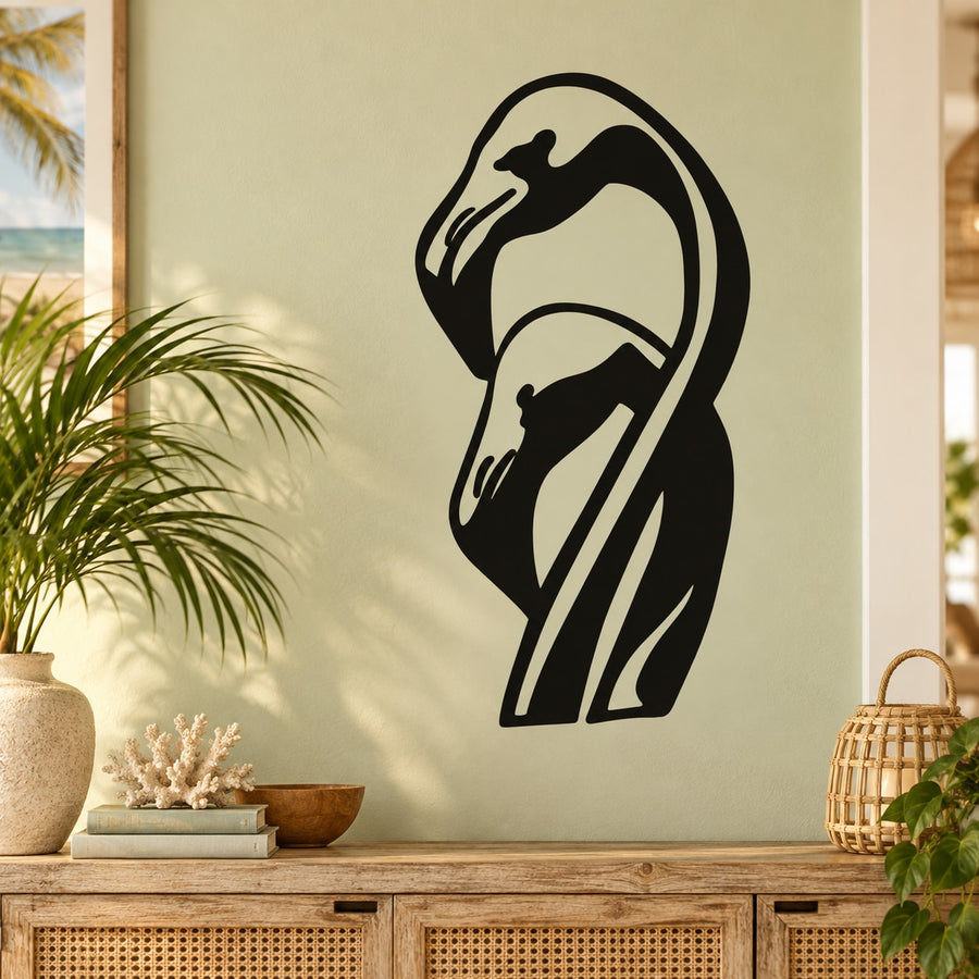 Two flamingo heads decal, stylized black silhouettes