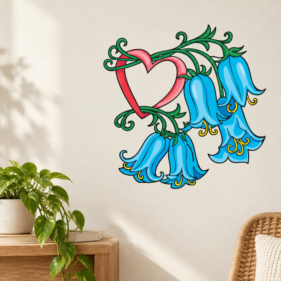 Heart and flower decorative sticker design with blue petals and pink heart