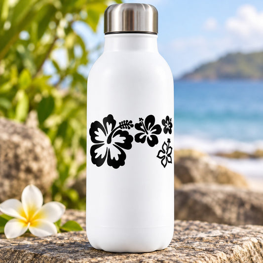 White bottle with black hibiscus flower decal stickers