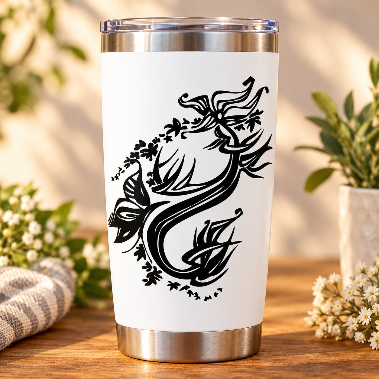 Black ornamental flower and vine decal on white tumbler