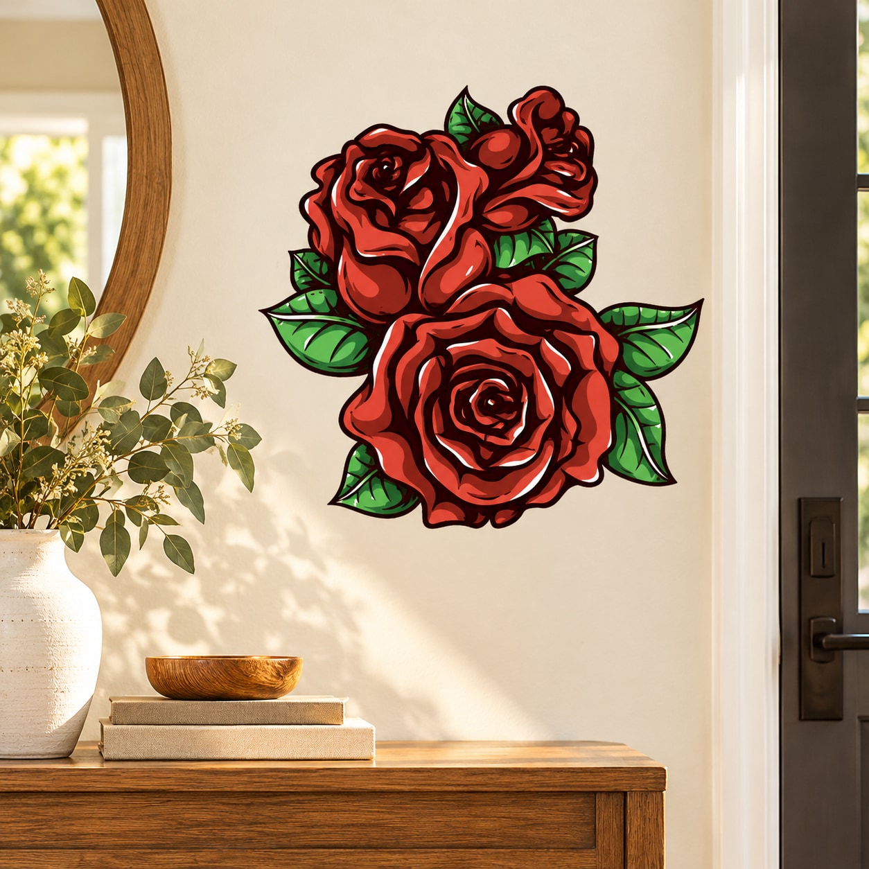Red rose and green leaf flower sticker set, decorative wall decals