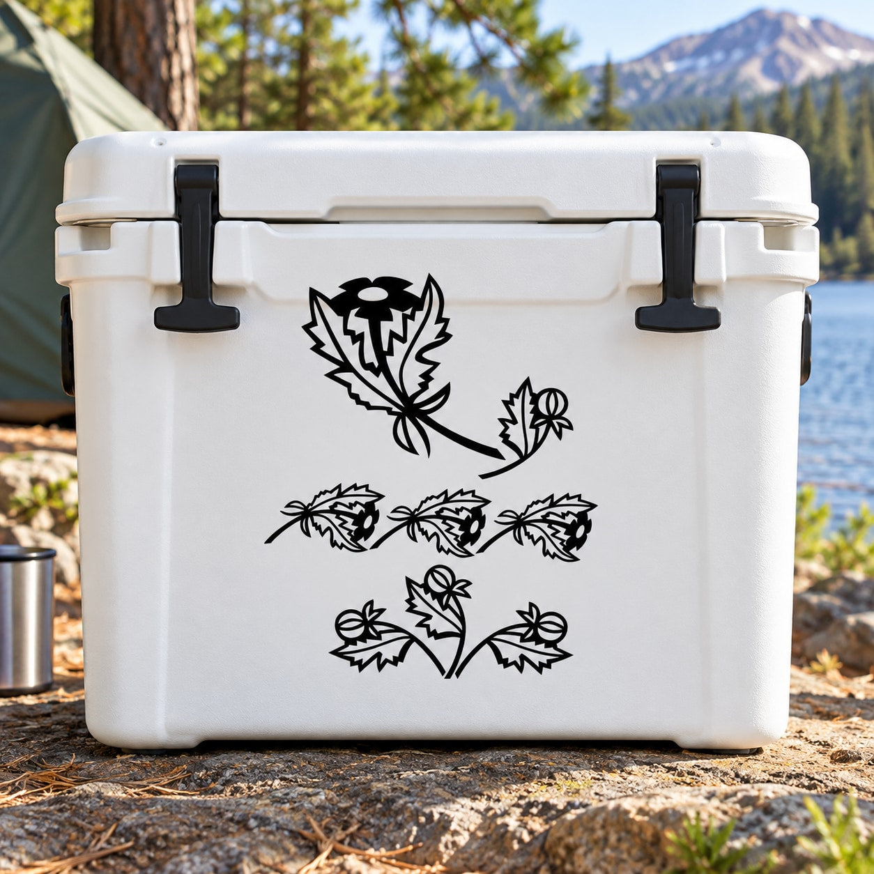 Black flower bunch decal on a white cooler