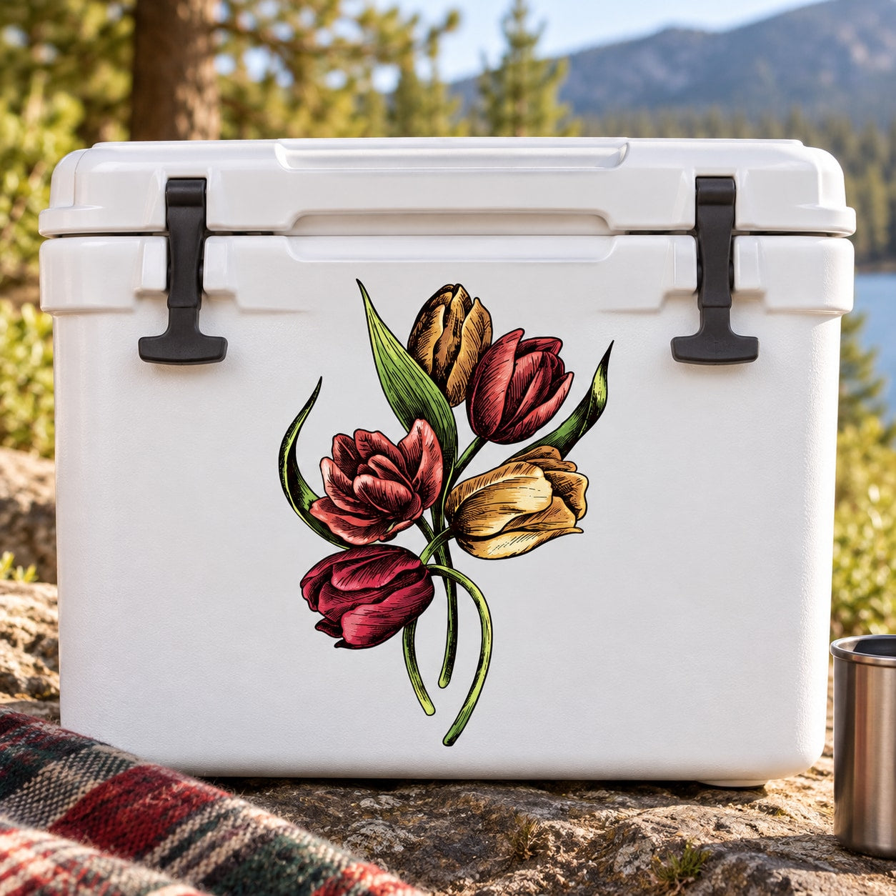Flower bunch sticker with multicolor tulips and leaves on white cooler lid