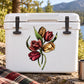 Flower bunch sticker with multicolor tulips and leaves on white cooler lid