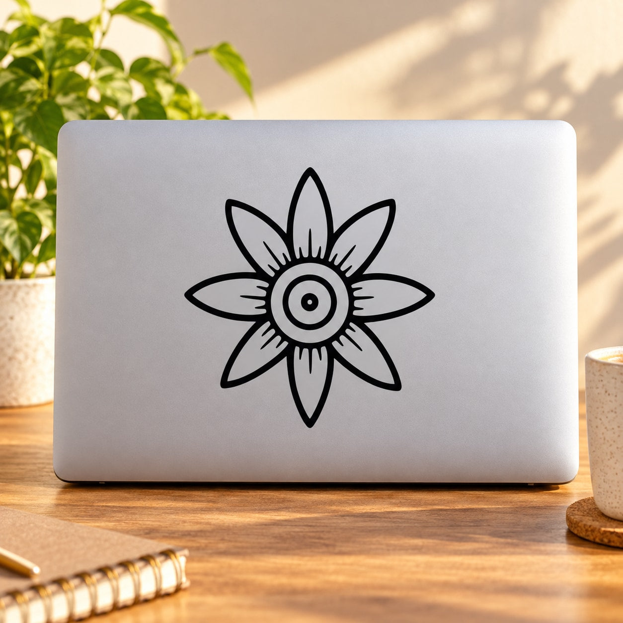 Cartoon flower decal sticker in black line art with a circular center