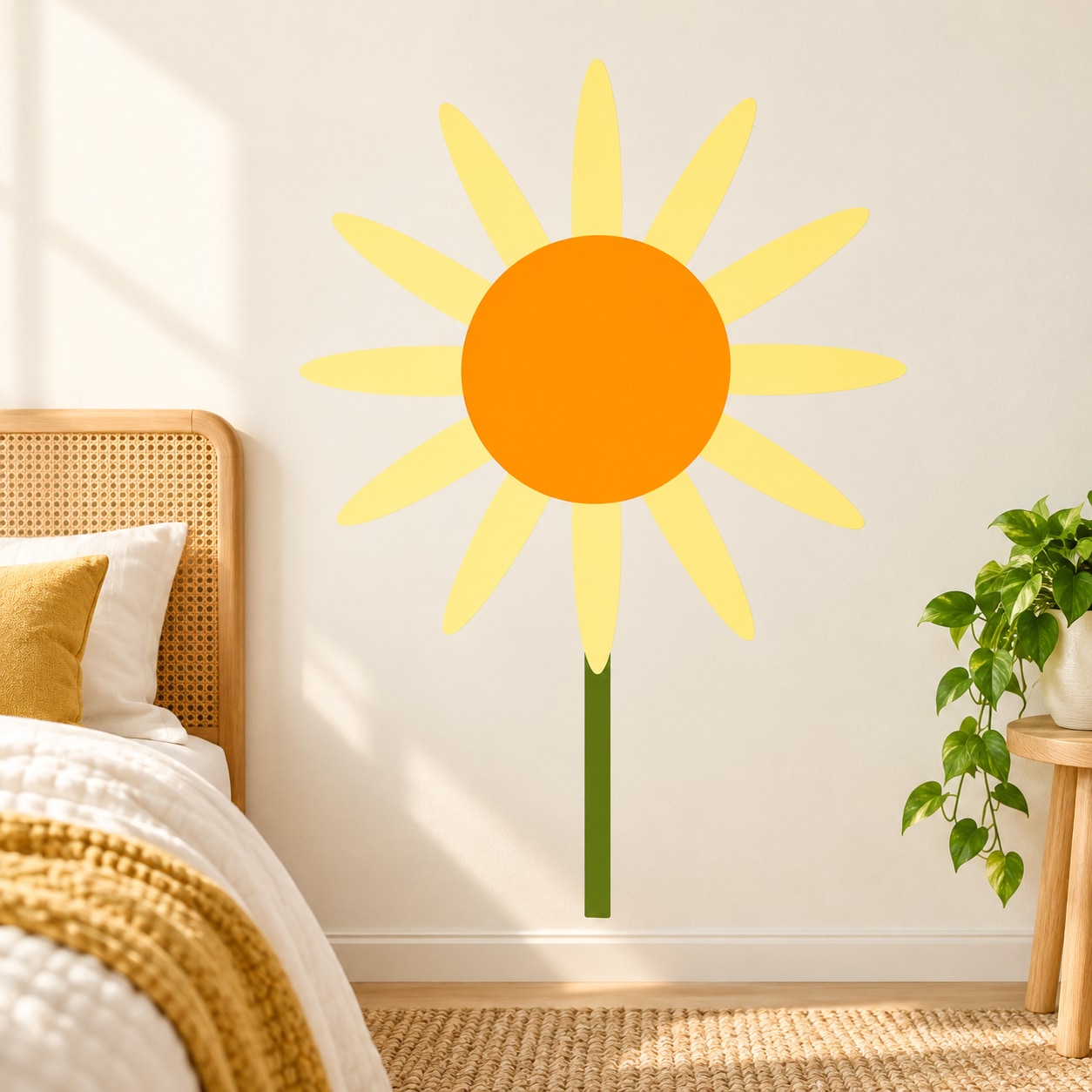 Cartoon sunflower sticker with orange center and yellow petals on a green stem
