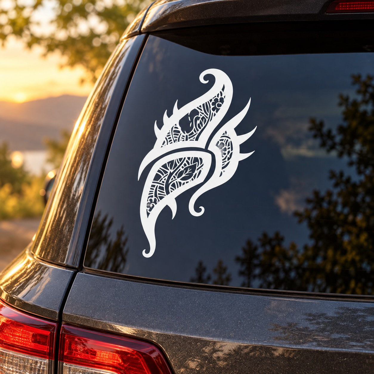 White intricate floral tattoo decal with swirling vine and leaf details