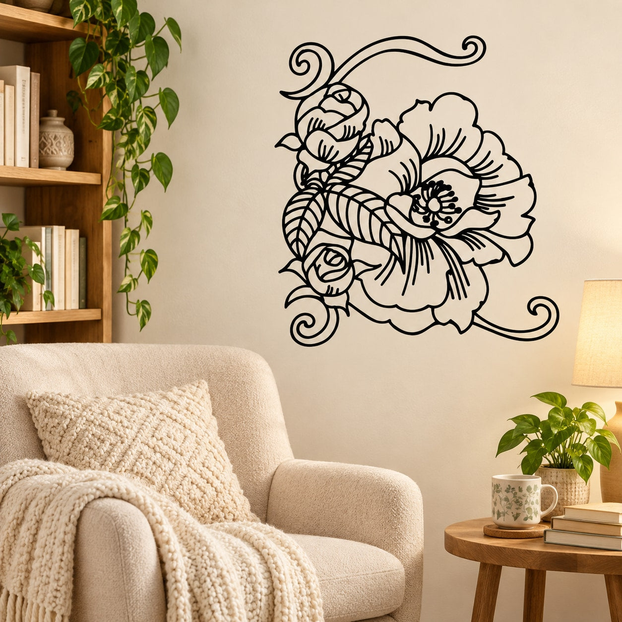 Large flower decal with ornate black peony and vine scrollwork