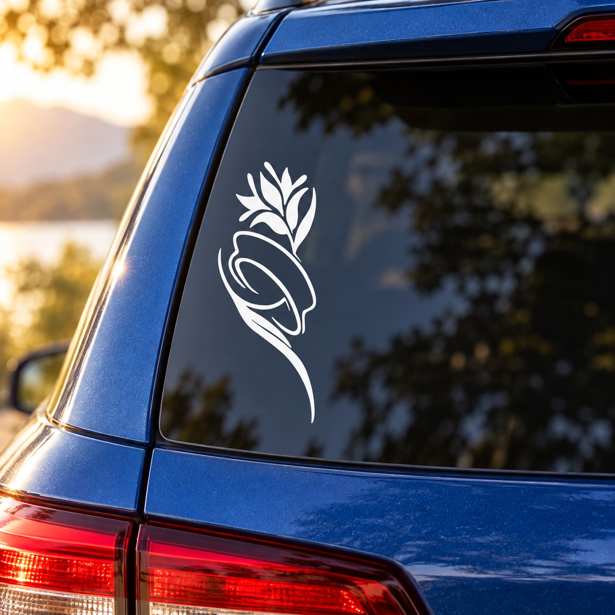 White outlined flower decal on dark car window, leaf and petal swirl outline