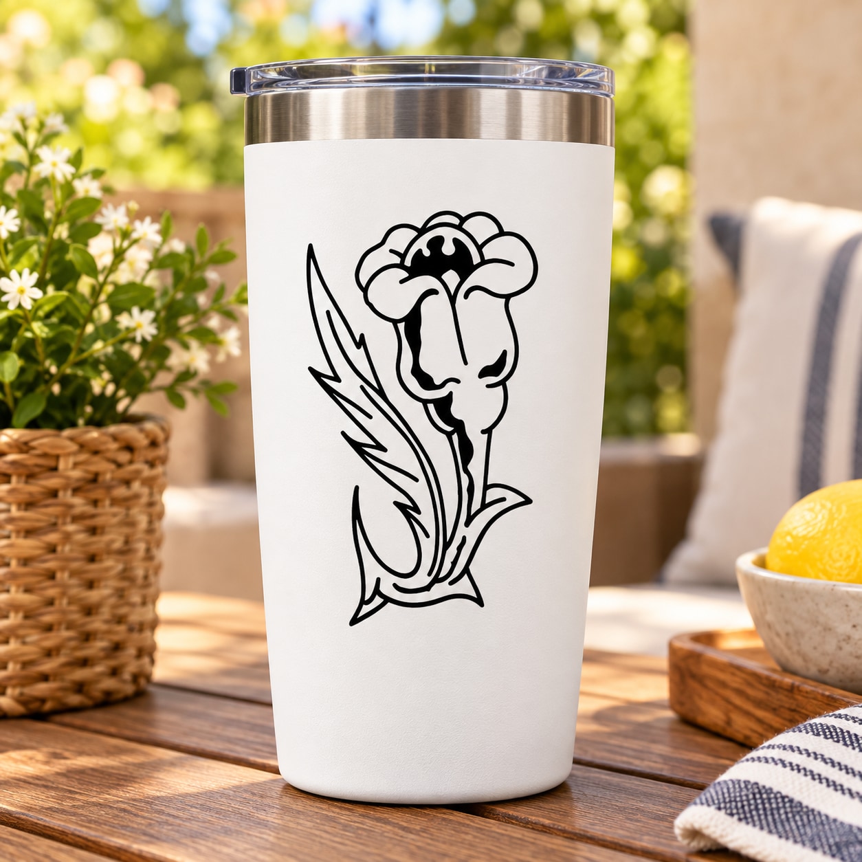 Outlined flower decal on a white tumbler with a black outlined animal face graphic
