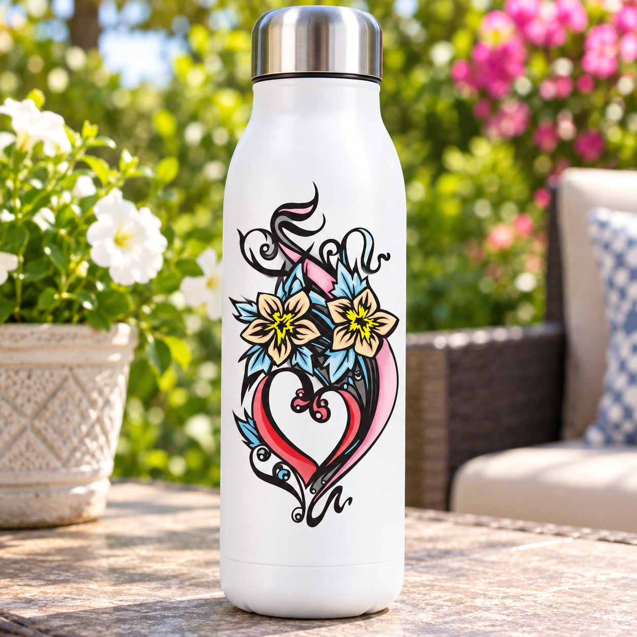 White water bottle with black-and-color heart flower tattoo sticker design