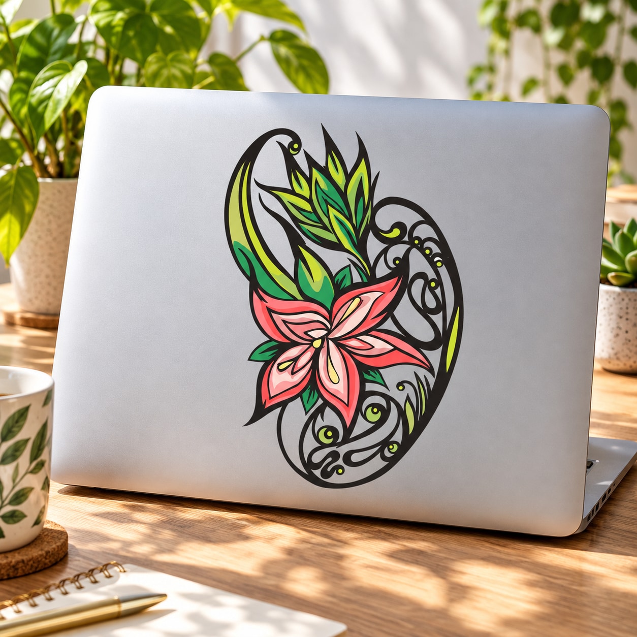 Flower tattoo sticker with colorful lotus on dark bird-and-vine design