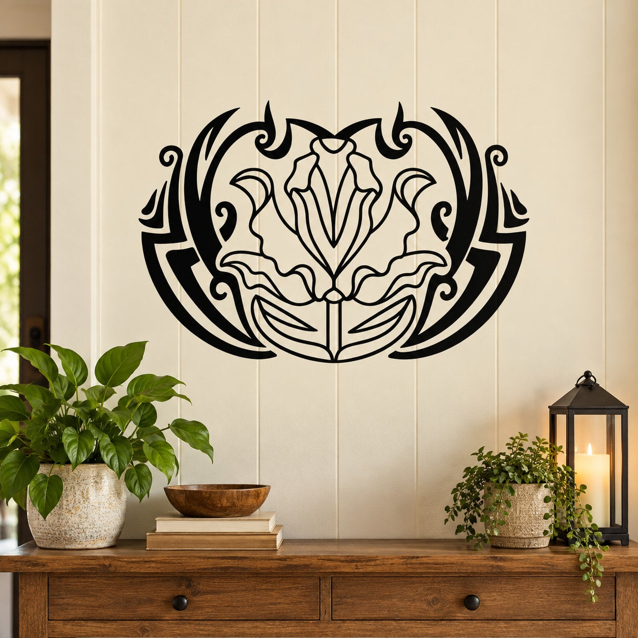 Tribal flower wall decal with black circular lotus design, symmetrical lines