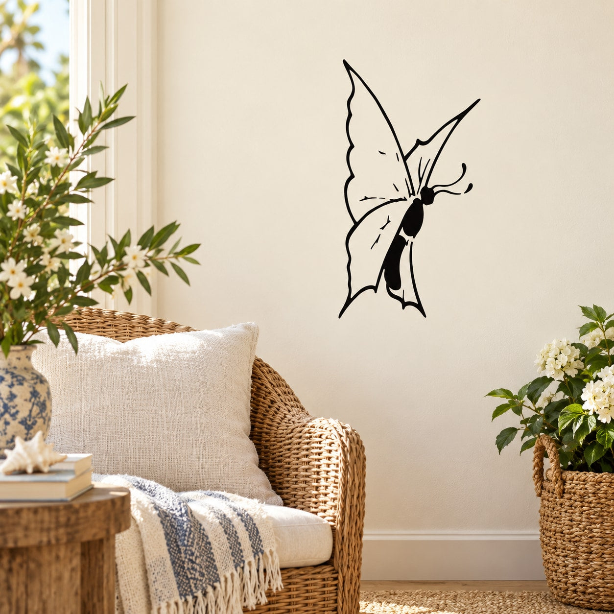 Black butterfly wall decal vinyl sticker with detailed line art