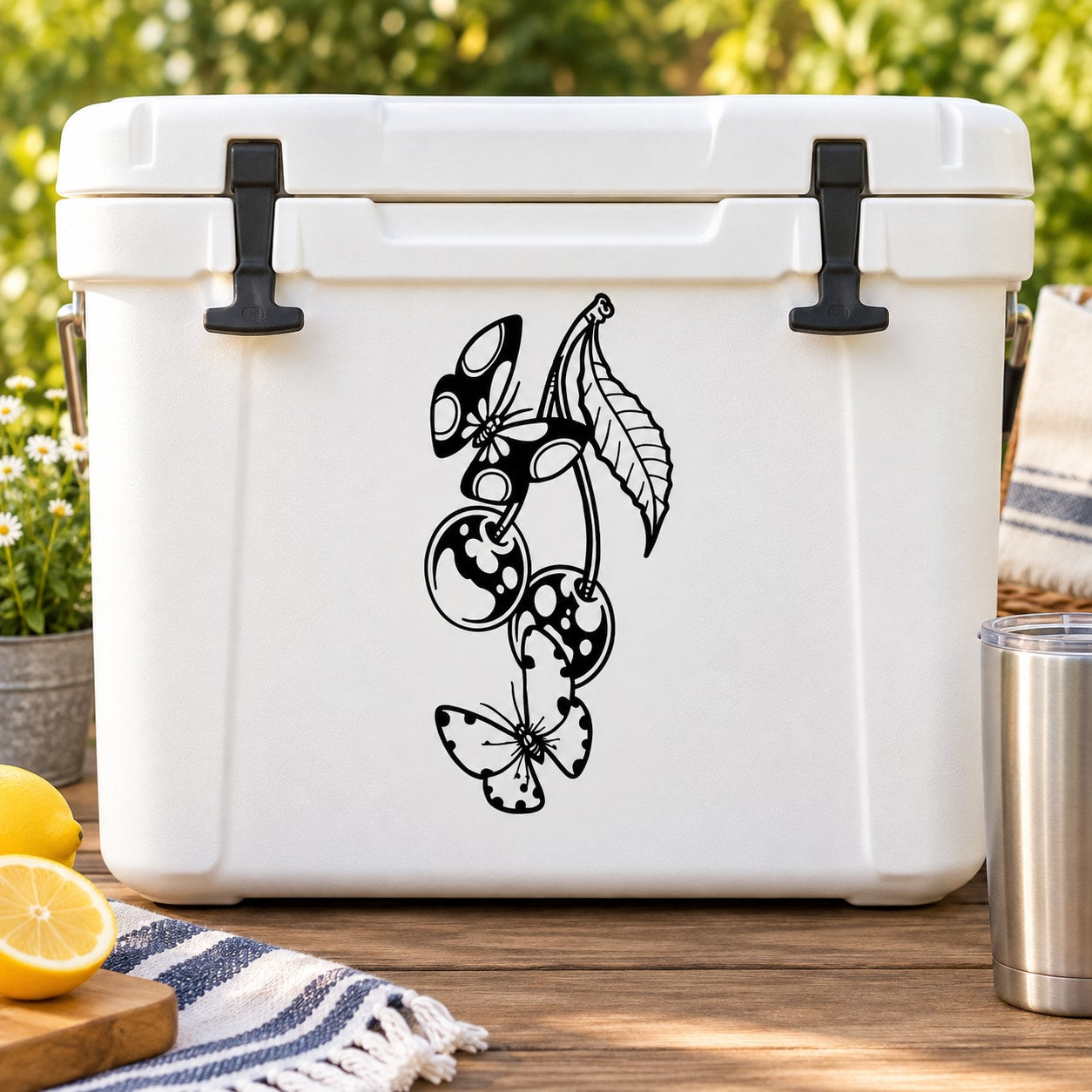 Butterfly vinyl decal with floral accents, black outline