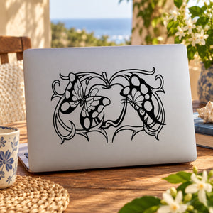 Butterfly vinyl wall decal with black ornamental outline design