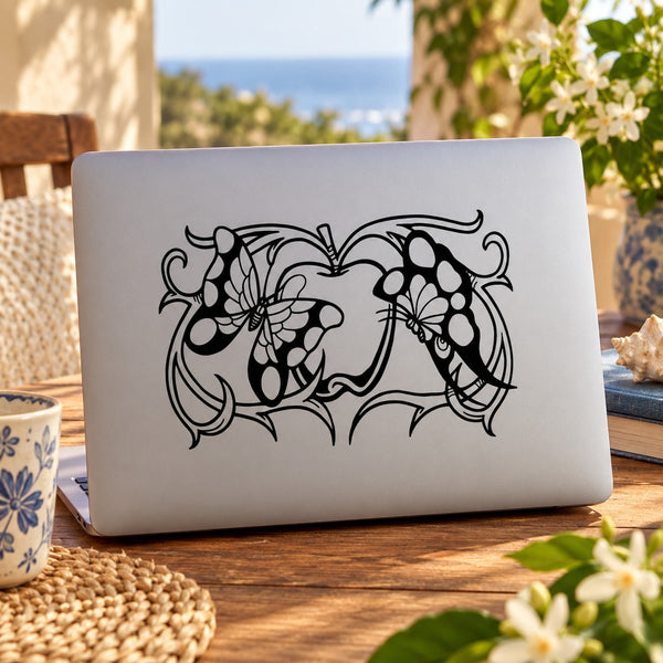 Butterfly vinyl wall decal with black ornamental outline design