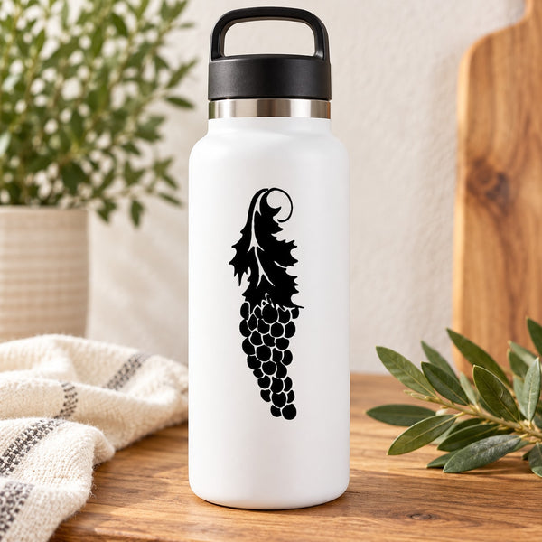 White water bottle with black grape vine decal