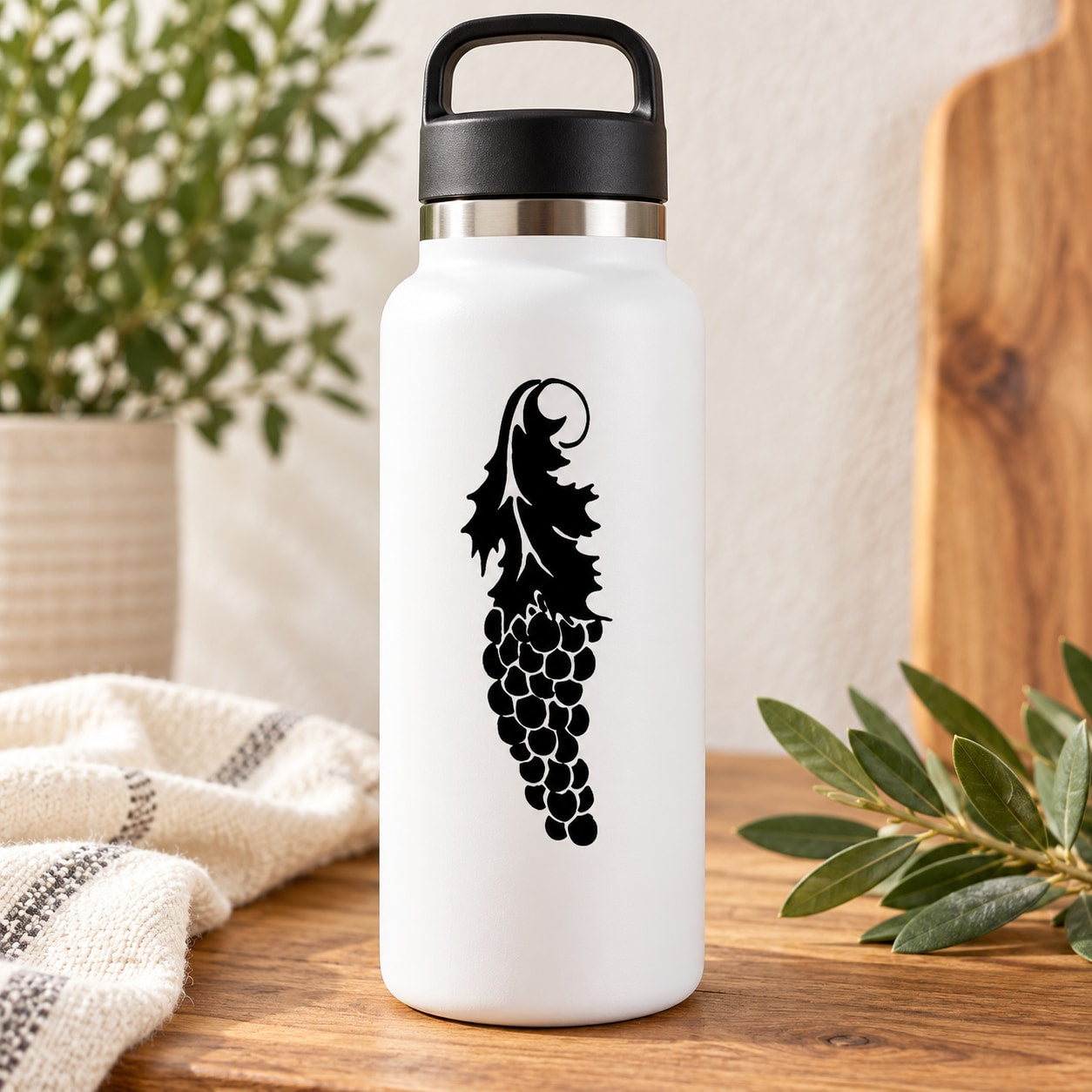 White water bottle with black grape vine decal