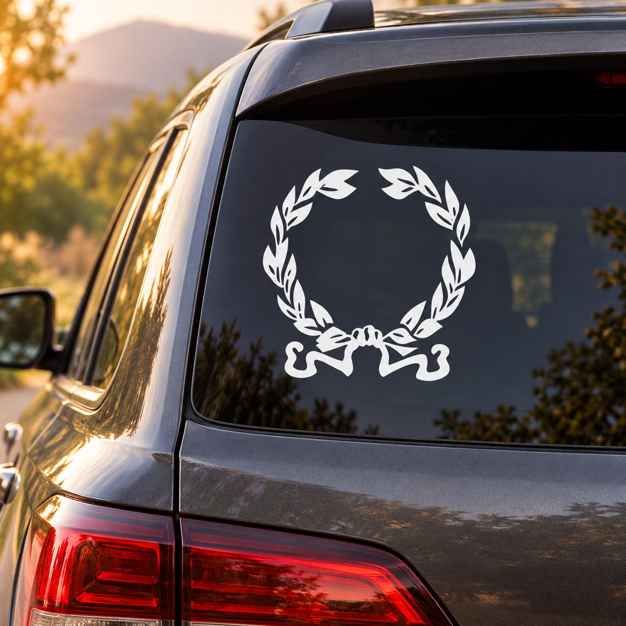 White floral wreath car decal with bow on rear window