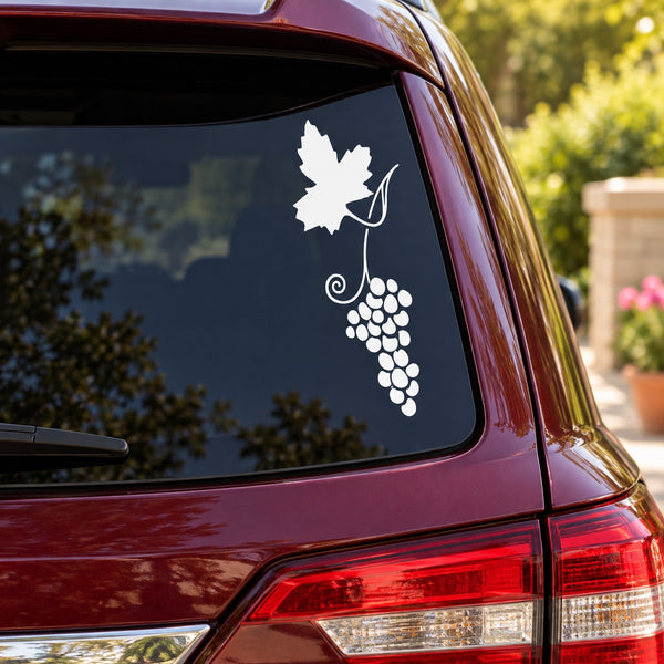 Grapevine grape cluster and leaf vinyl decal for car window, white design