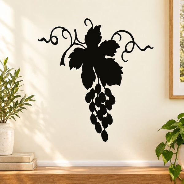 Black floral grape wall decal with curly vine swirls and grape cluster
