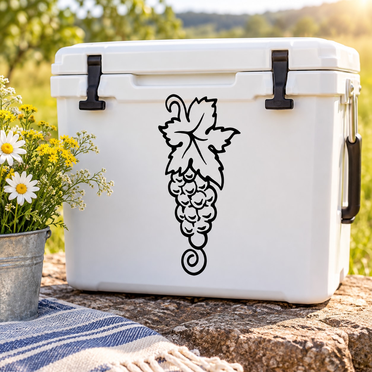 Grape cluster flower vinyl decal in black outline on white surface