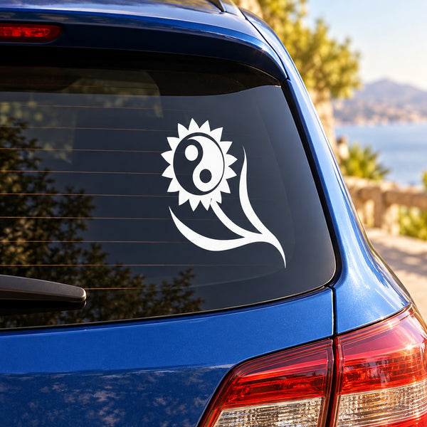 White yin-yang flower vinyl car decal with swirling tail on rear window
