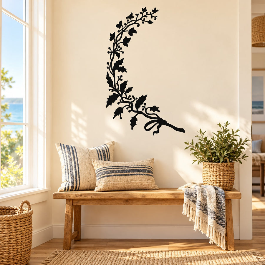 Holly vine wall decal, black leafy branch with berries and curved corner flourish