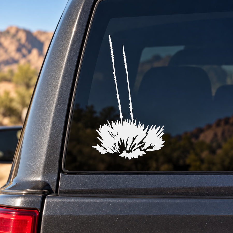White desert plant brush decal on car window
