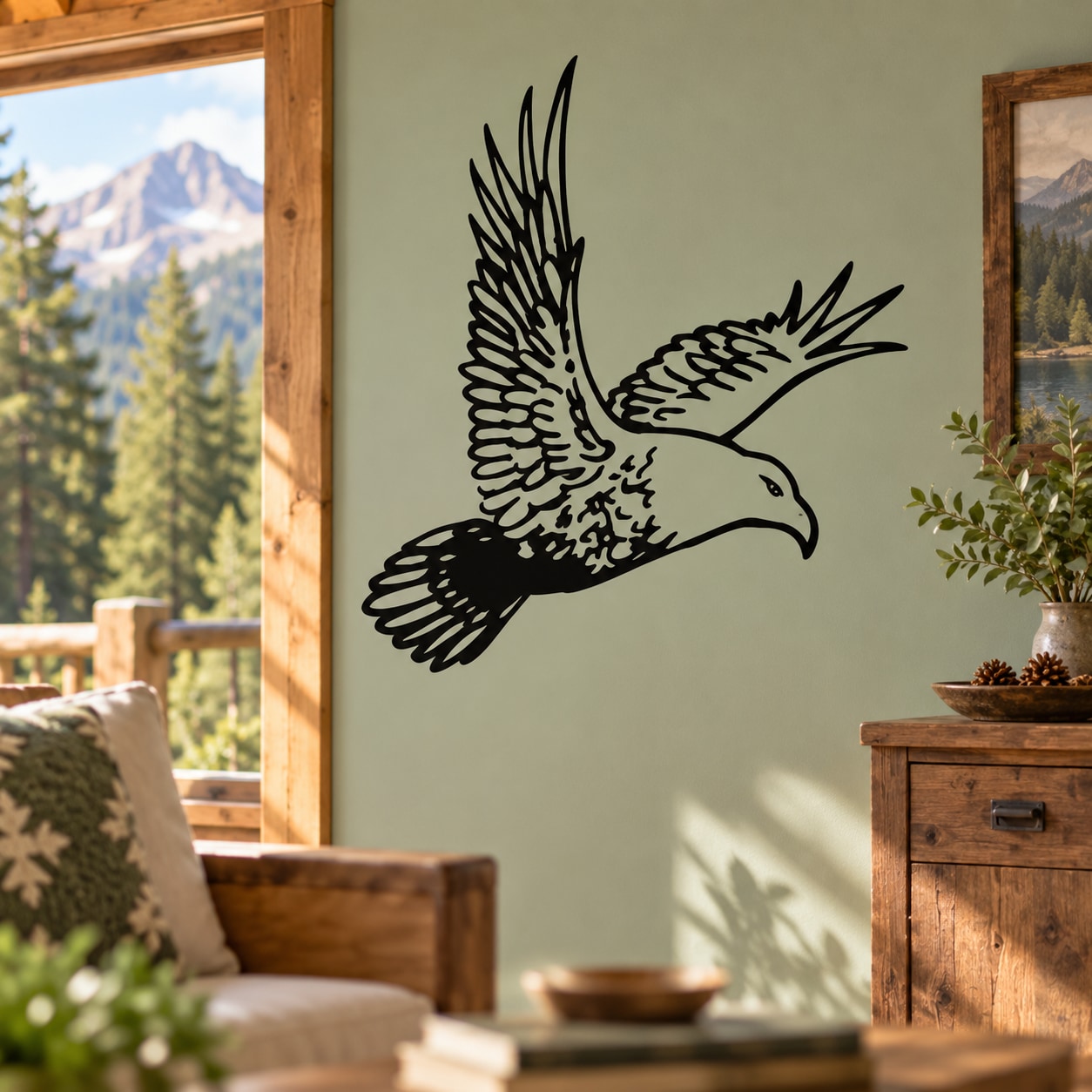 Black flying eagle wall decal with spread wings