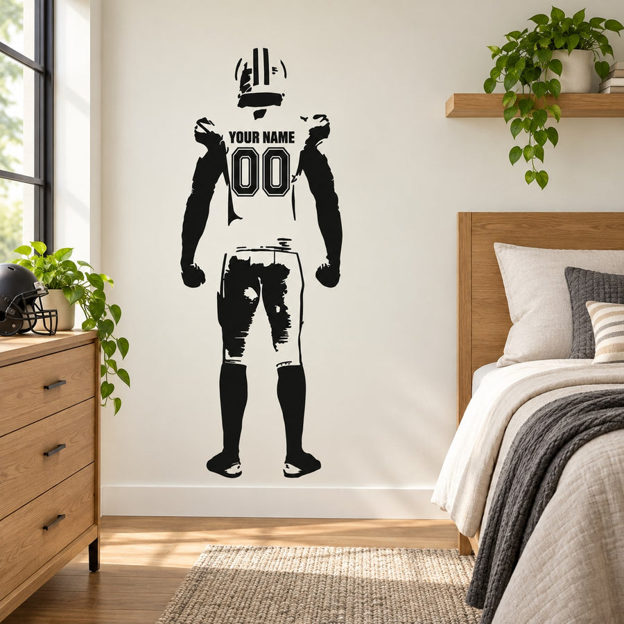 Football player wall decal silhouette with crown, "YOUR NAME" and number 00