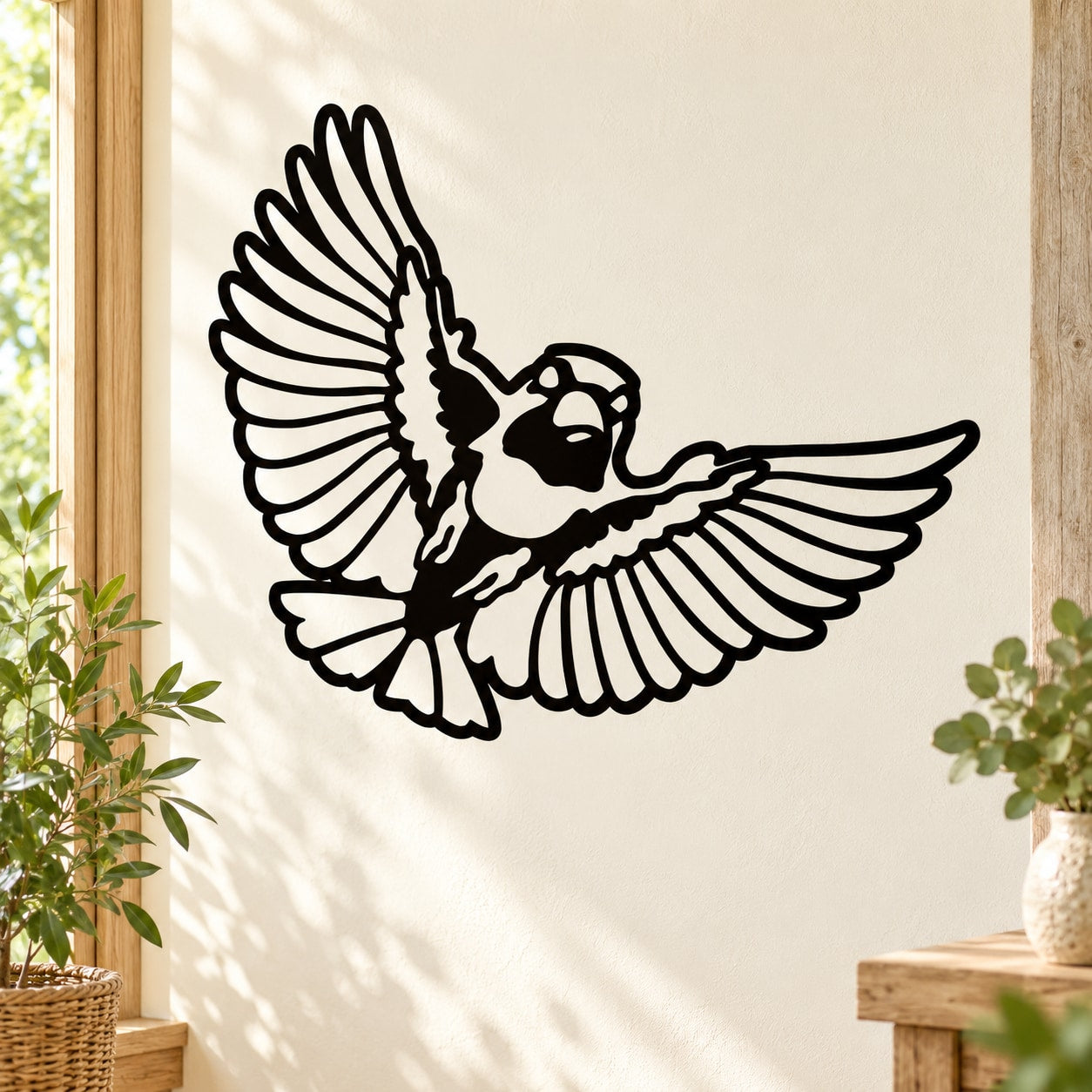Sparrow wings spread wall decal, black outline