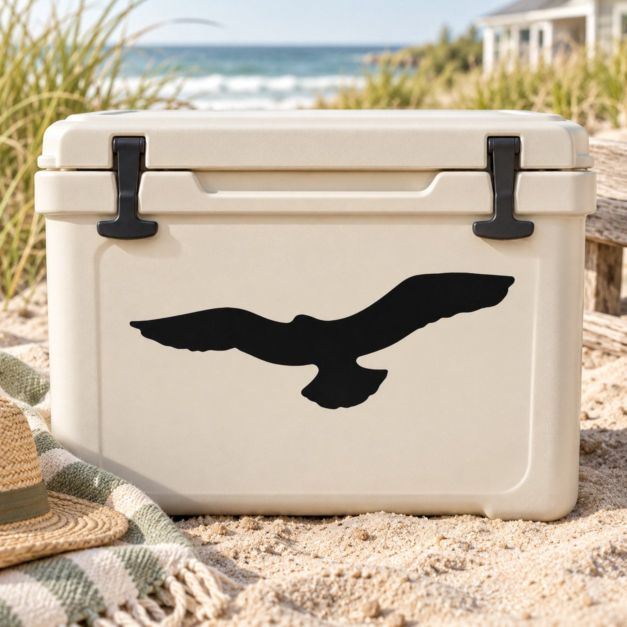 Flying shore bird decal sticker, black bird silhouette on light surface
