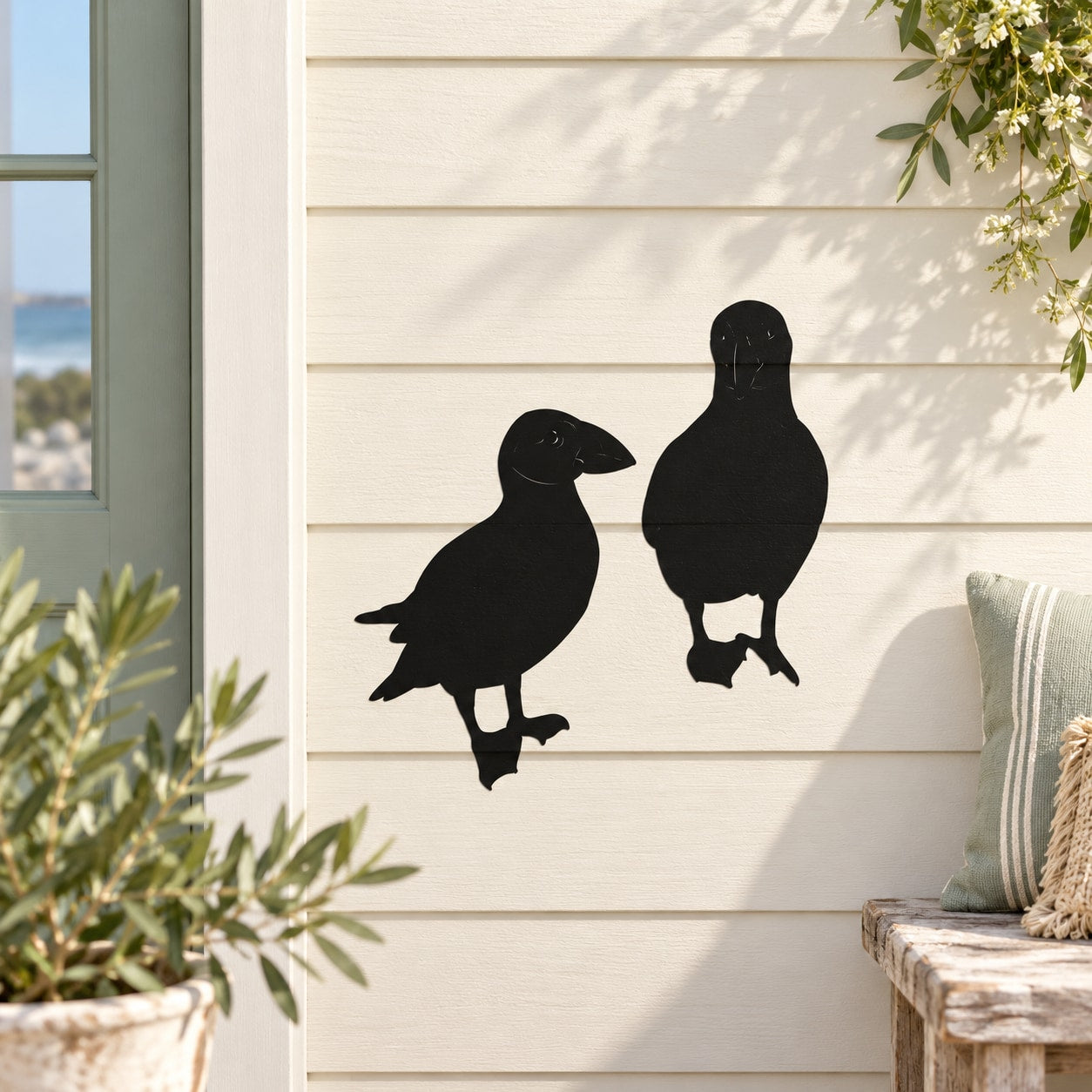 Two standing puffins wall decal, black silhouette style