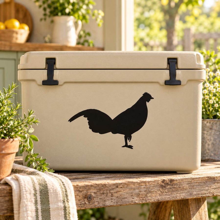 Running chicken decal sticker with black silhouette on a light background