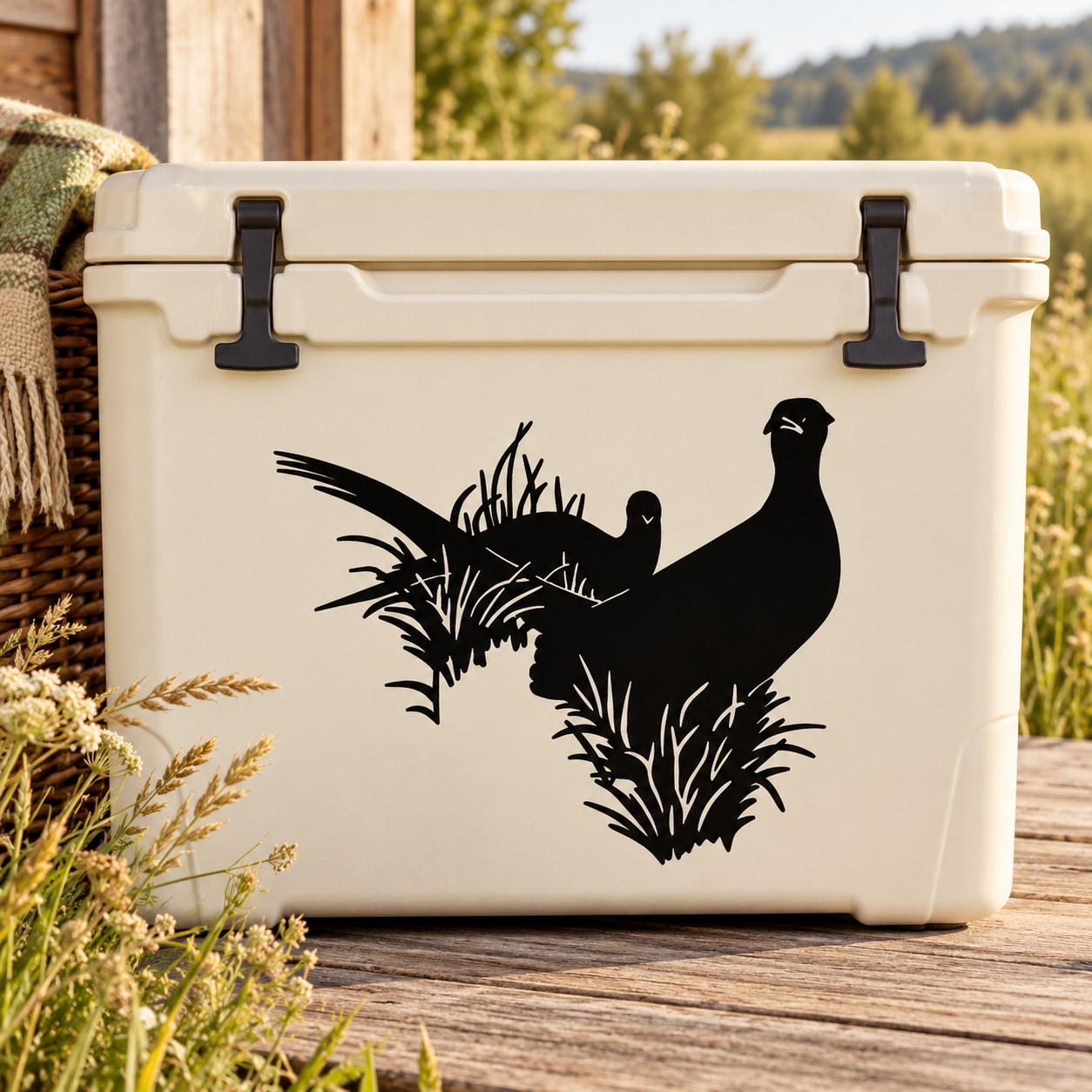 Black bird silhouette hiding in grass bush decal on off-white surface