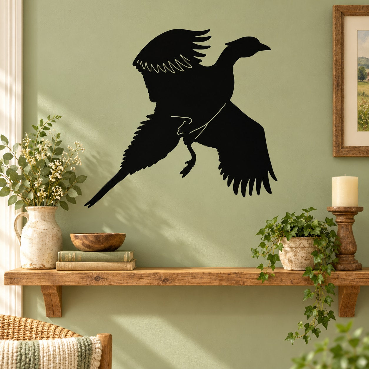 Fleeing fowl bird silhouette wall decal, black flying design