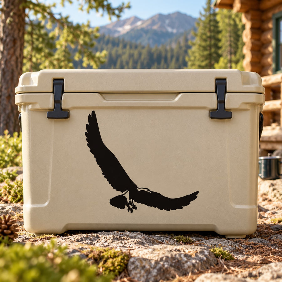 Black eagle hunting fish decal silhouette on light background