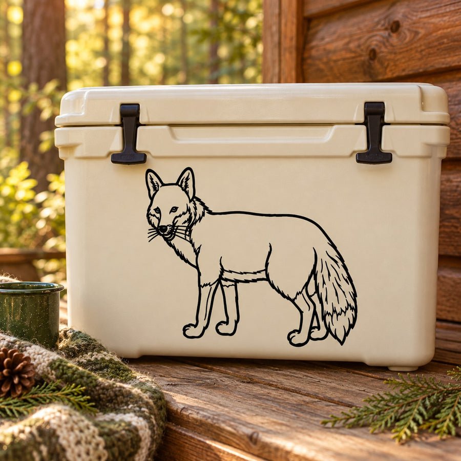 Staring red fox line-art decal on white cooler with black latches