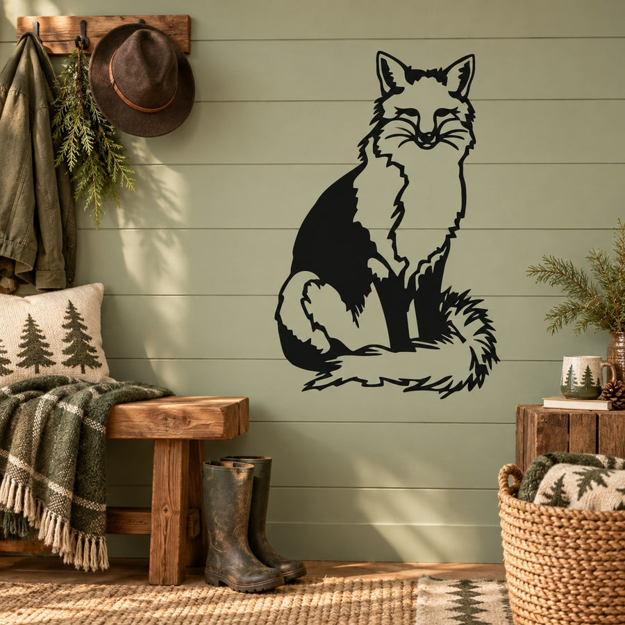 Sitting fox wall decal with black and gray outlined silhouette