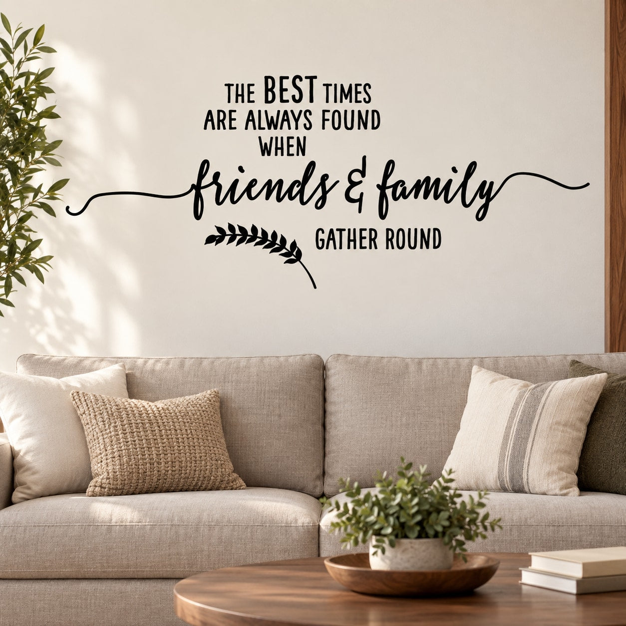 Wall quote decal with cursive 'friends & family' and 'Gather round' wording