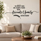 Wall quote decal with cursive 'friends & family' and 'Gather round' wording