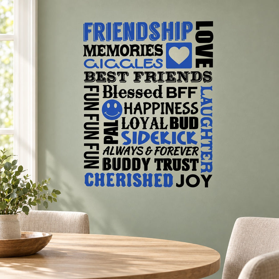 Friendship Word Collage Printed Die Cut Decal — illustrative vinyl decal application mockup. Surrounding objects are not included.