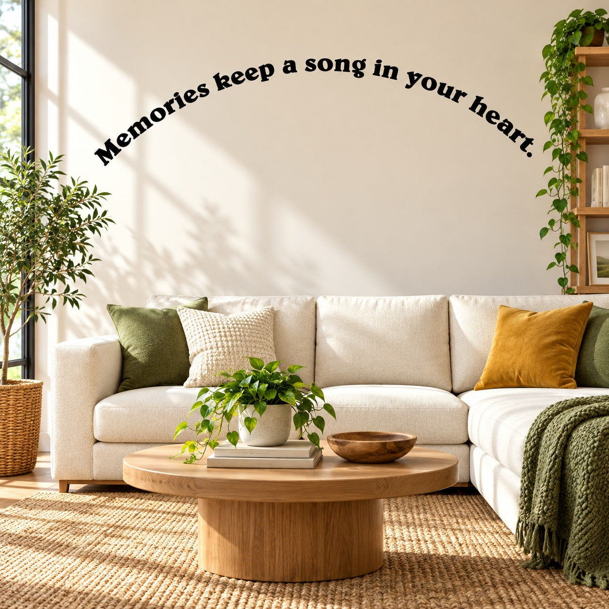 Wall decal text: “Memories keep a song in your heart” in black script