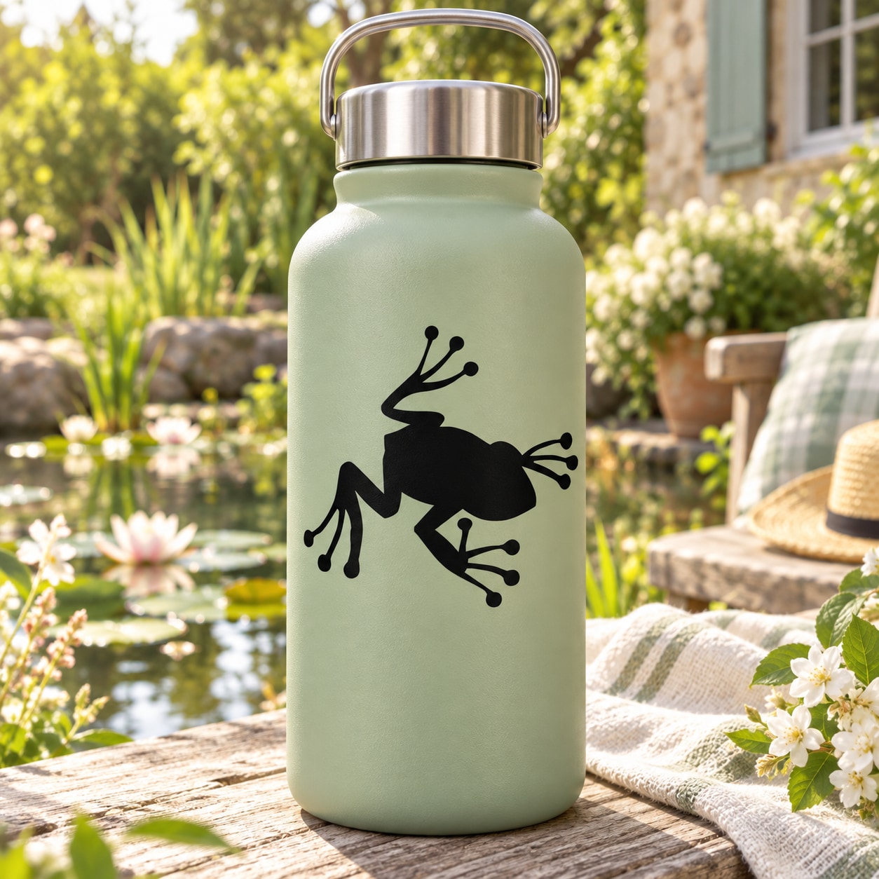 Tree frog silhouette decal with detailed hands and feet on a bottle