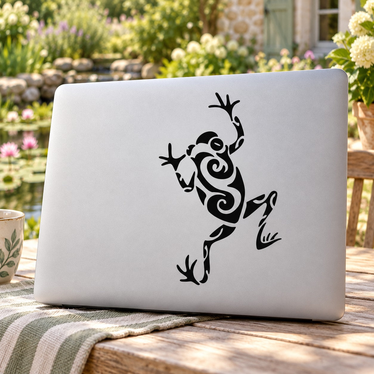 Tree frog swirl decal, black frog silhouette with decorative swirls on light surface