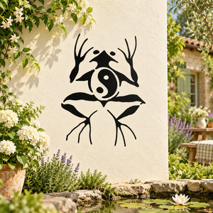 Meditating yin yang frog wall decal, black stylized frog in yin yang pose