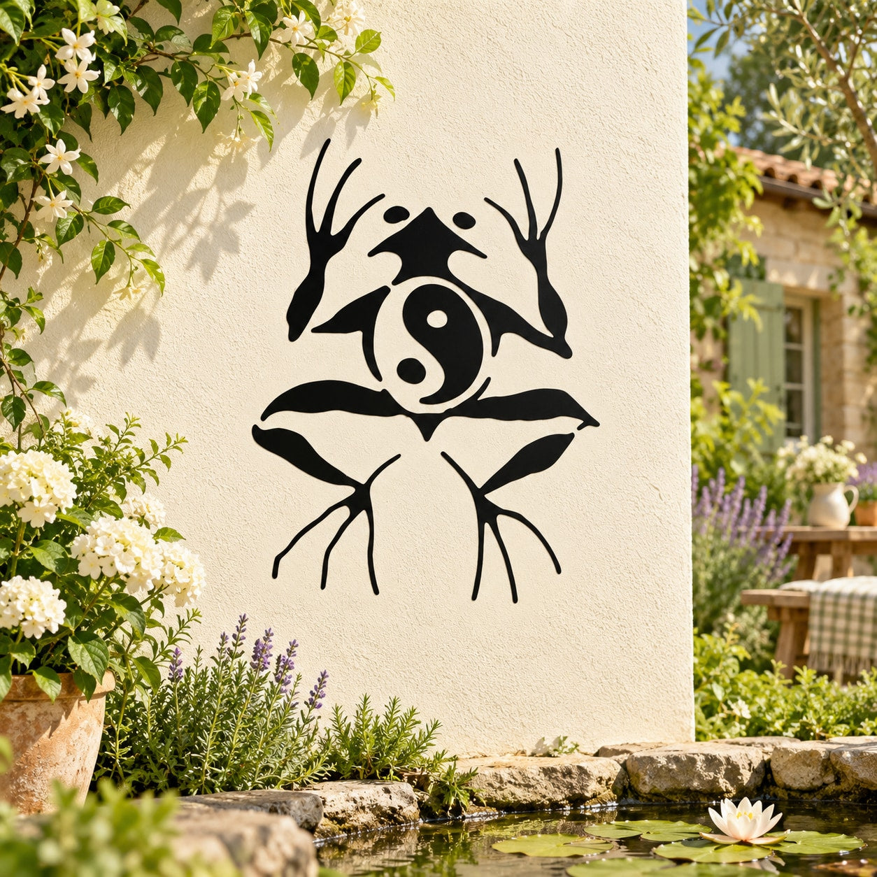 Meditating yin yang frog wall decal, black stylized frog in yin yang pose